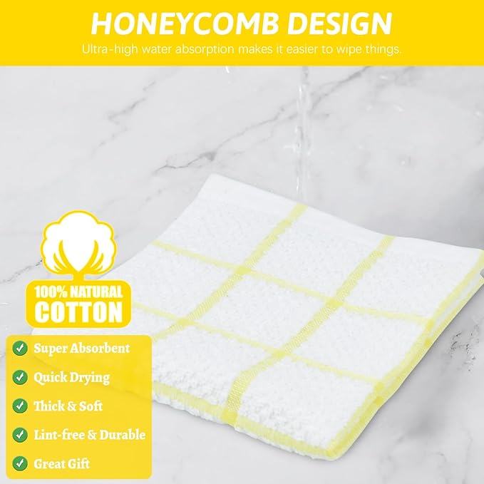 Nialnant 8 Pack Dish Cloths for Washing Dishes, 100% Cotton Reusable Cleaning Rag, Quick Drying Dish Towels for Kitchen,12x12 Inches,Yellow Plaid