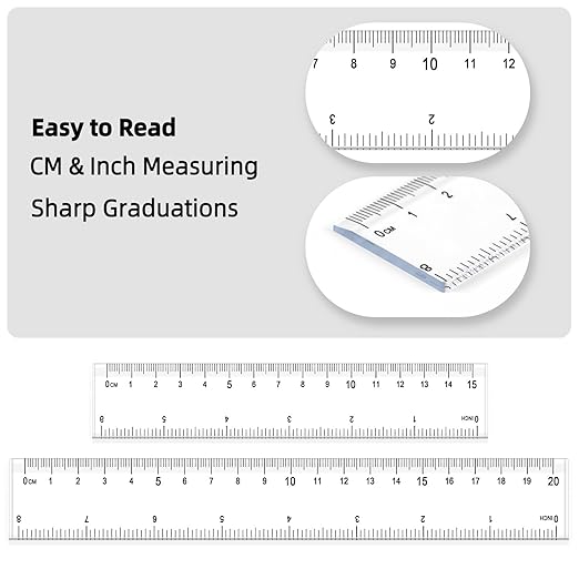 4 Pack Plastic Measuring Tool - 8 inch & 6 inch Straight Ruler with Inches and Metric for School, Office, Construction (Clear, 20cmx2, 15cmx2)