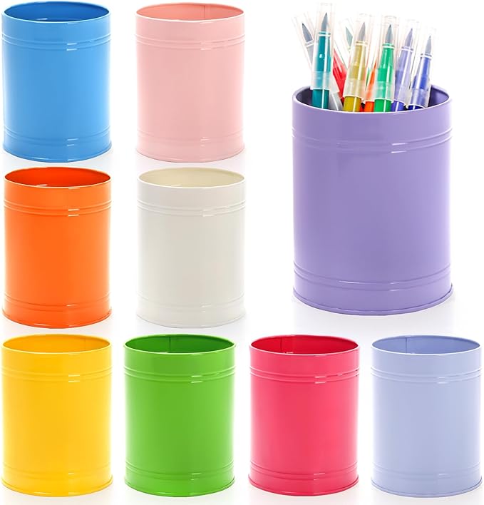 9 Pack Metal Pen Holder, Colorful Desktop Pencil Cup, Mini Stationary Supplies Buckets, Round Makeup Brush Storage Organizers for Office Home School Classroom Accessory, 3.5 x 4.5 Inches
