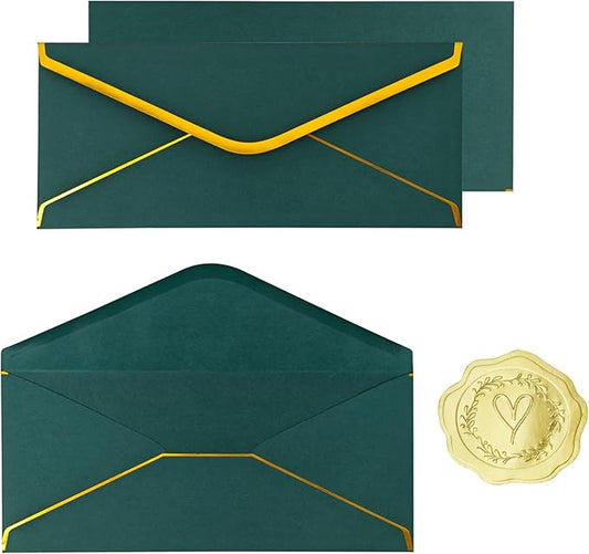 30 Pack #10 Business Envelopes with Gold Border and Stickers, 9.49x4.13 Inch Self Seal Standard Envelopes for Office, Letters, Checks, Invoices, Documents(Dark Green)