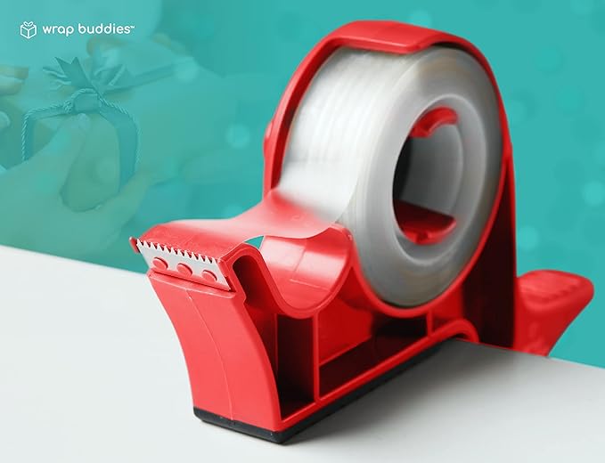 Wrap Buddies Tabletop Gift Wrapping Tool with Tape Dispenser – Set of 2 Adjustable Wrapping Paper Table Clamps with Craft Tape Dispenser - Perfect for Holidays and Crafting - Cherry Red