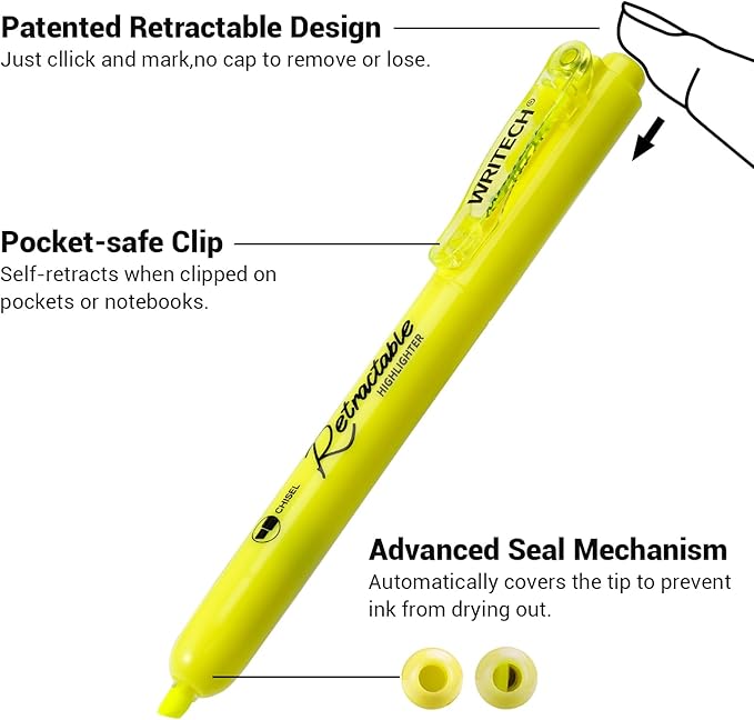 WRITECH Retractable Highlighters Chisel Tip: Fluorescent Yellow Ink Highlighter Marker Pens No Bleed & Smear Pack for Home School Office (12ct Yellow)