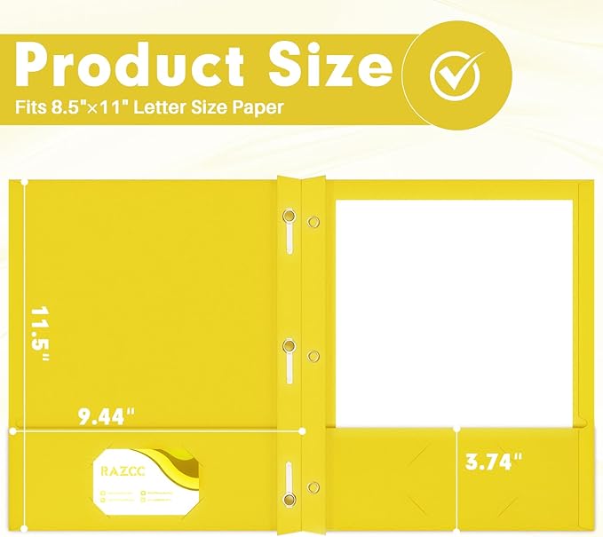 Two Pocket Folders, RAZCC 75 Pack Two Pocket Folders with Prongs, 3 Prong Folders Fit Letter Size Paper, Pocket File Folders for School Office Home Business, Yellow