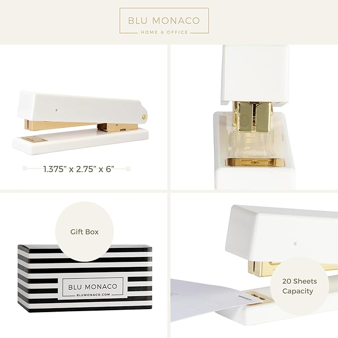Blu Monaco White and Gold Stapler – Chic Desk Accessory with Smooth Metal Mechanism – Stylish Gold Office Supply for Home, School, and Work – Aesthetic White Essentials for Modern Desks