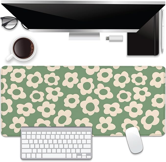 Green Daisy Flowers Desk Pad Mouse Pad,Large Daisies Floral Mouse Mat with Stitched Edges,Non-Slip Rubber Base Mousepad for Office PC Keyboard Laptop and Home Work Desk Mat(27.5X11.8 in)