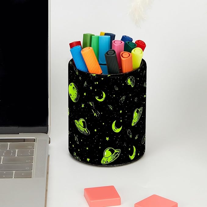 Leather Pen Holder for Desk Alien Moon Spaceship Pencil Cup Desktop Organizer Makeup Brush Holders Office Supplies for Home, Kids & School