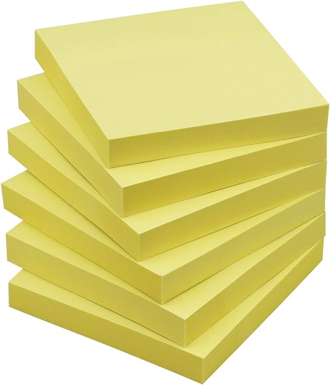 Sticky Notes 3x3 Self-Stick Notes Pads with 6 Bright Colors, Easy to Post for Office, School, Home, 6 Pads/Pack, 100 Sheets/Pad (Yellow)