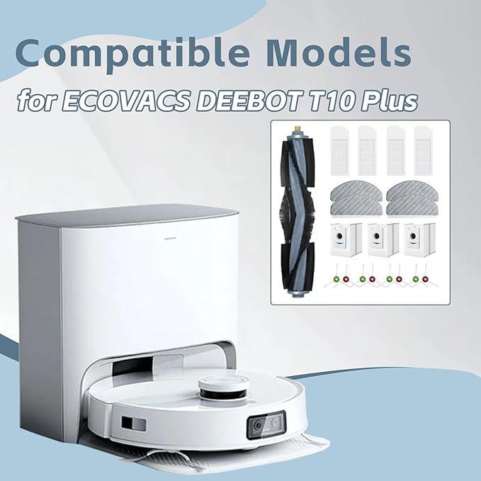 Accessories for ECOVACS DEEBOT T10 Plus Robot Vacuum Cleaner, T10 Plus Replacement 21 Pcs, 1 Main Brush, 4 HEPA Filters, 3 Dust Bags,4 Mop Pads,8 Side Brushes Accessories Kit