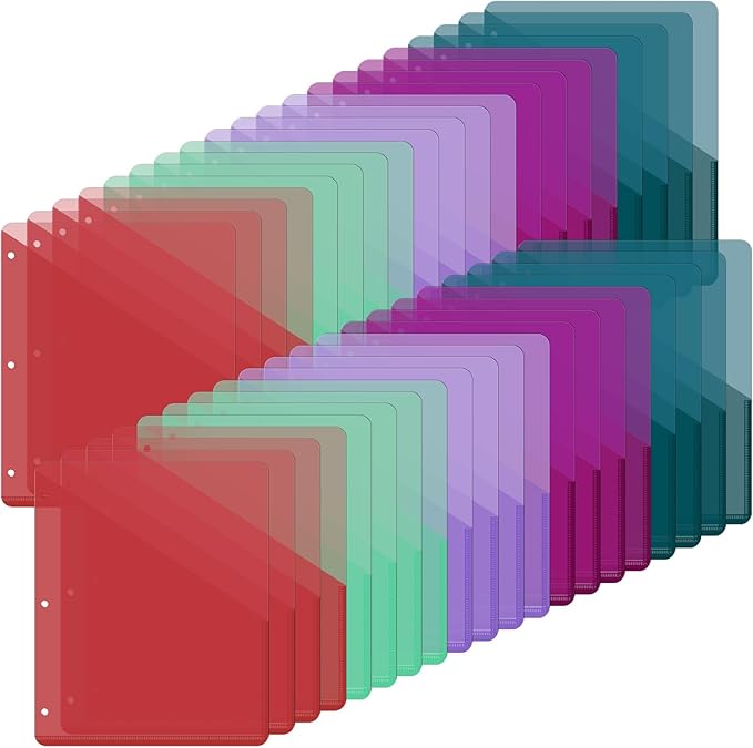 Maitys 50 Pack Binder Pockets 3 Hole Punch Clear Plastic Document Folders Binder Organizer Store Letter Size 8.5x11 Inch Paper Folders with Pockets Slash File Jacket for Office (Happy Color)
