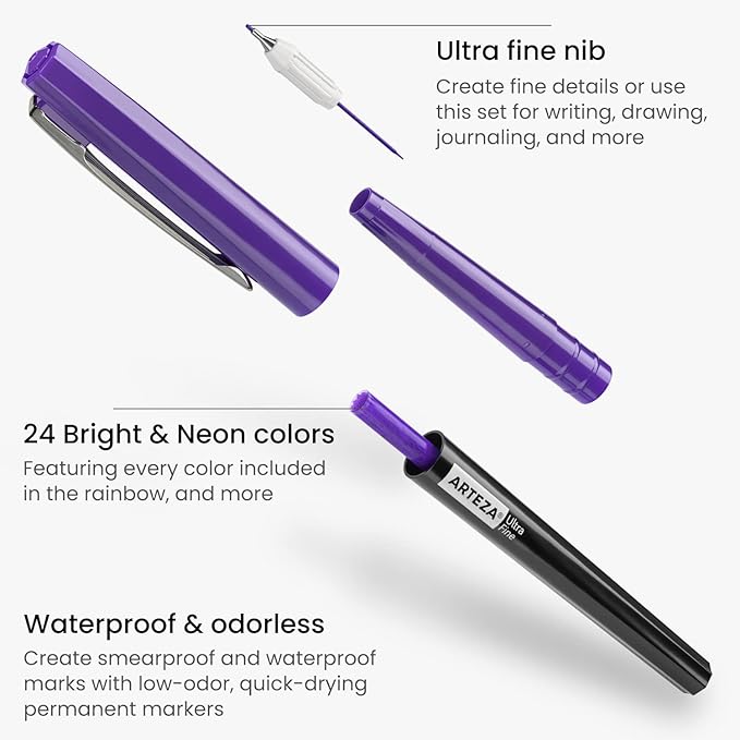 ARTEZA Permanent Markers, 24 Colors, 2-mm Line, Ultra-Fine Tip