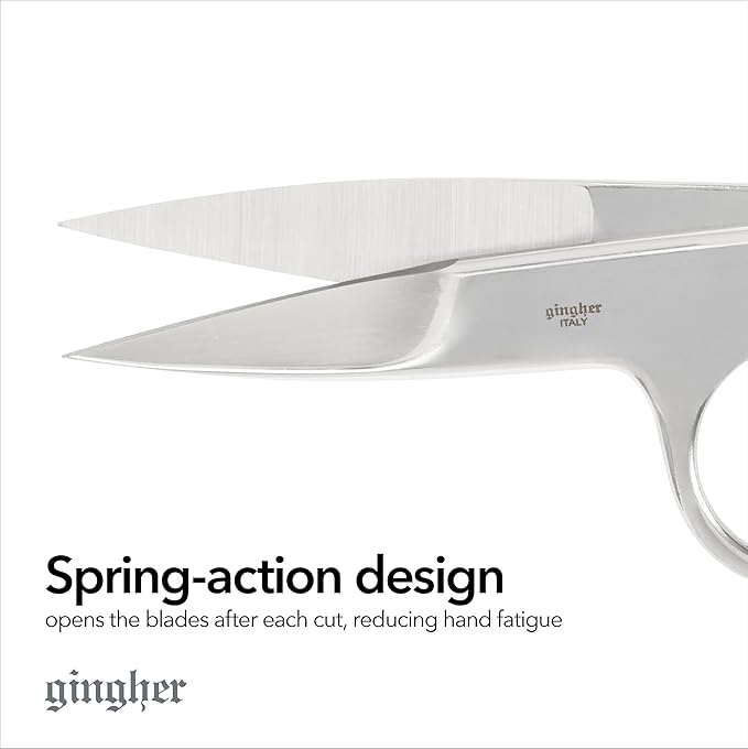 Gingher Spring-Action Knife-Edge Thread Nippers - 4.5" Stainless Steel Shears - Sharp Knife Edge Fabric Scissors with Protective Leather Sheath - Silver