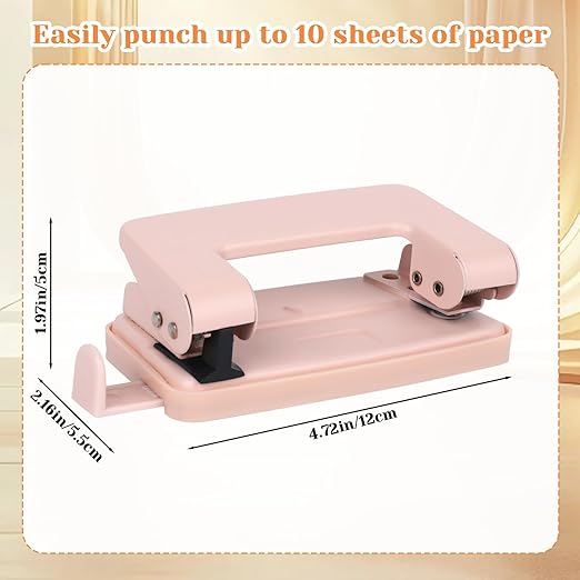 2 Hole Punch 1/4" with Ruler Paper, Pink Two Hole Punch, 2 Holes Puncher for File Folder, Metal Manual Low Force Looseleaf Double Punch Capacity 10 Sheet for A4/A5/B5 for Office and Home