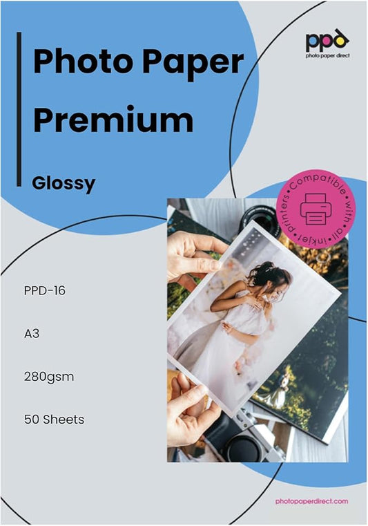 PPD Glossy Photo Paper for Inkjet Printer, 11 x 17" Premium Quality Printable Sheets for Custom Picture, Professional Photographic Instant Dry For with Normal, Dye or Pigment Ink (50 Pack/280 gsm)