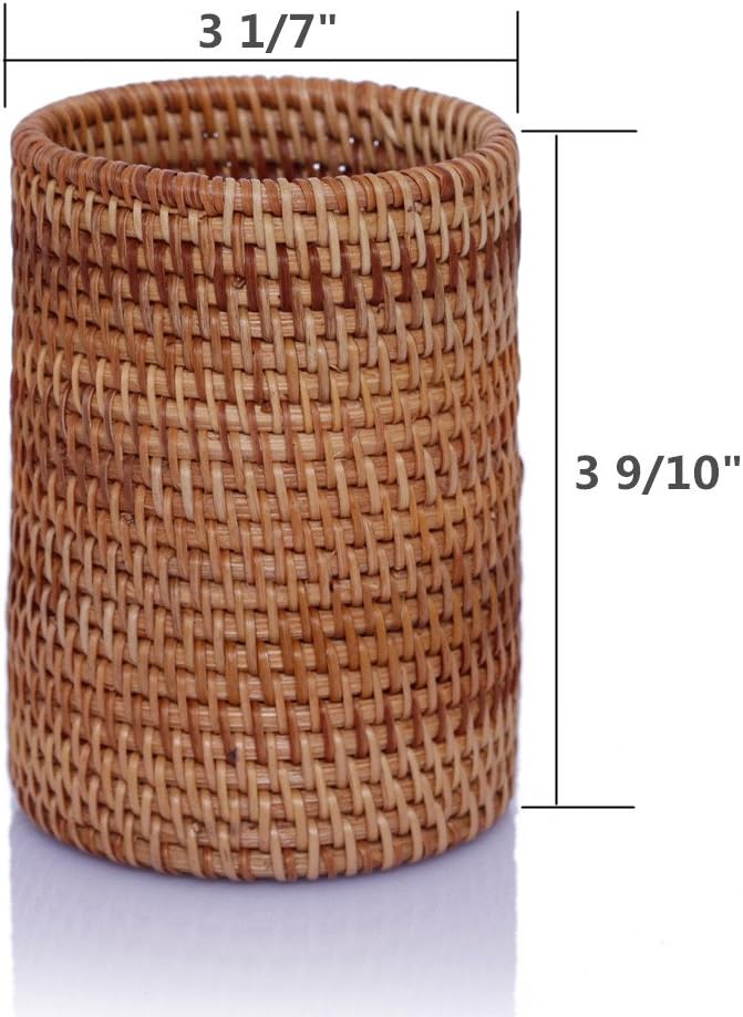 Handmade Vine Desk Organizer Pen Container Box Tea Caddy Makeup Brushes Holder Stand, Rattan Pencil Holder, Boho Table Décor Office Cups Organizer for Desk, Stationery, Flower Vase, Brown, (Cylinder)