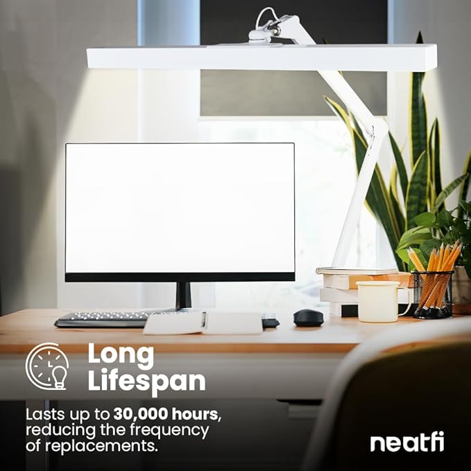 Neatfi 3,000 Lumens Ultra LED Desk Lamp with Clamp, 30W Dimmable Monitor Light, 5 Brightness Levels & 5 Light Modes (White, 28 Inches with Metal Arm)