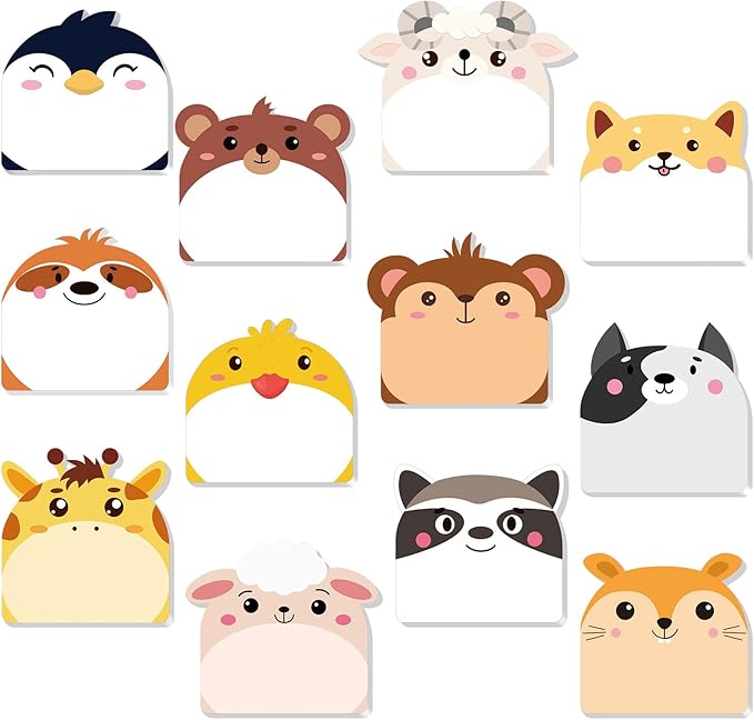 Yinder 24 Pads Cute Sticky Notes Kawaii Fun Animal Sticky Notes Pads Bulk Cartoon Memo Self Adhesive for Veterinary Gift Office School Tab Party Supplies(Multi Animals)