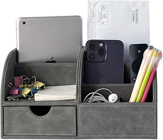 UnionBasic Desk Organizer, Multi-functional Leather Desktop Office Organizer, Pen Holder - Business Card/Pen/Pencil/Mobile Phone/Stationery Holder Storage Box, Taiga Dark Grey