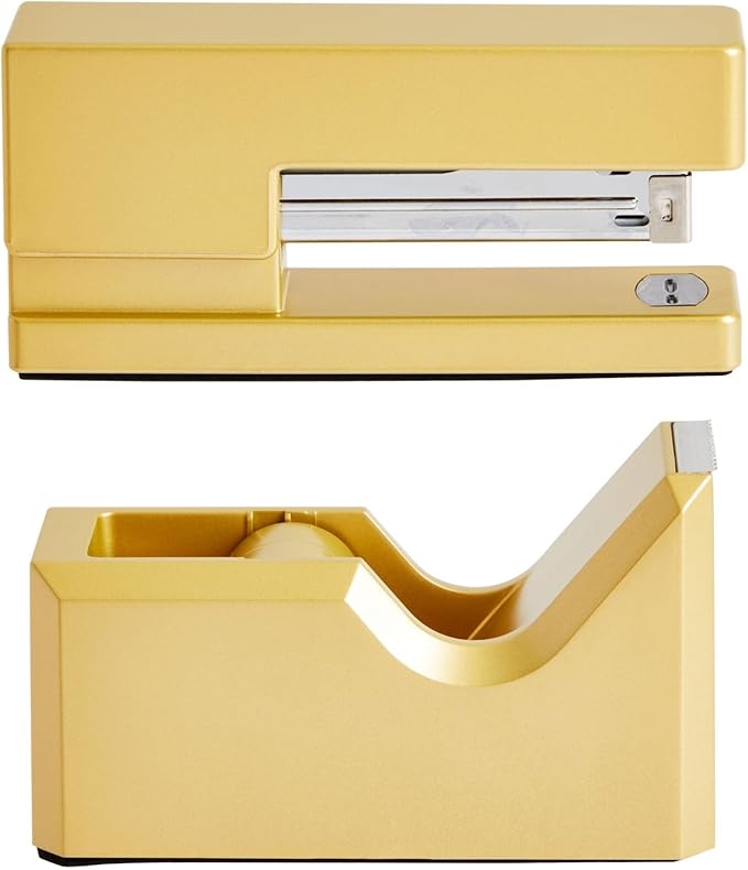 2 Piece Matte Gold Stapler and Tape Dispenser Set for Home Office Decor, Classroom Supplies, Desk Accessories for Dorm Room, Students, Teachers, Office Organization