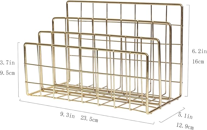 Metal File Organizer, 3 Vertical Sections, Desktop Paper/Mail/Letter/Record Holder, File Folder Holder Stand Rack Sorter for Office Desk Organization and accessories & supplies (Gold)