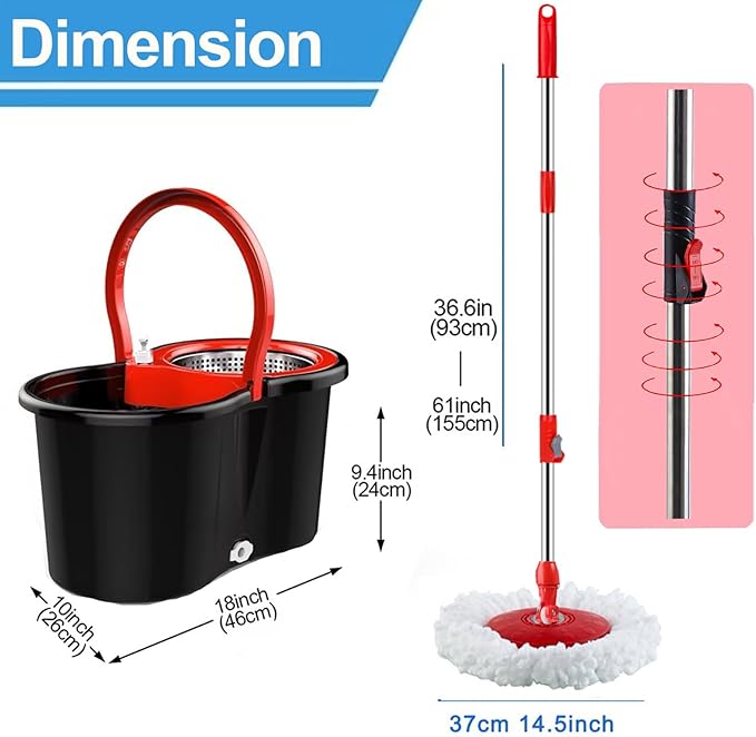 Spin Mop and Bucket with Wringer Set, 360°Rotating Head Mop Bucket System, 3 Microfiber Mop Heads for Living Room, Bedroom, Kitchen, Office (Black & Red)