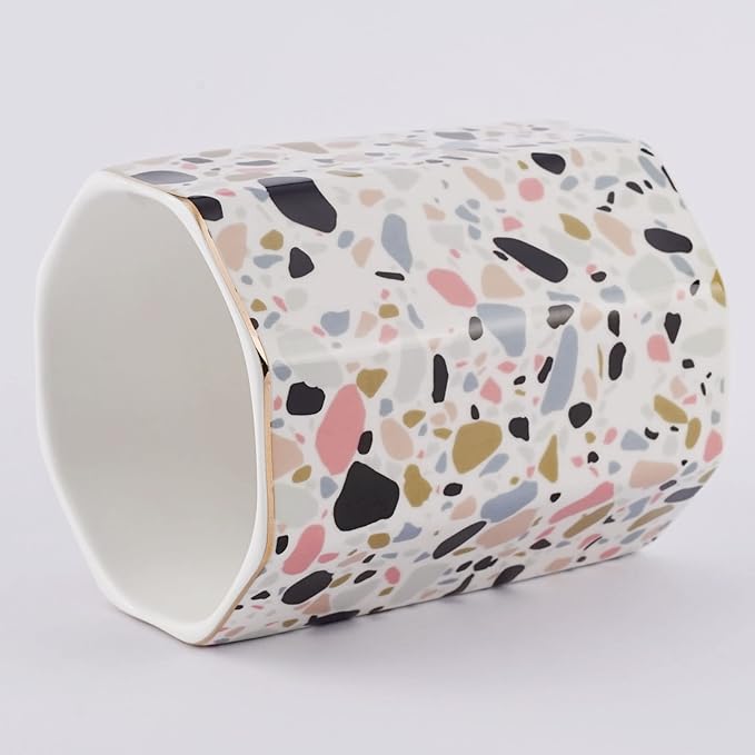 Pen Holder, Makeup Brush Holder Ceramic Shiny Gold Terrazzo Marble Stone Pattern Pencil Cup for Girls Kids Women Durable Stand Desk Organizer Storage Gift for Office, Classroom, Home Pink