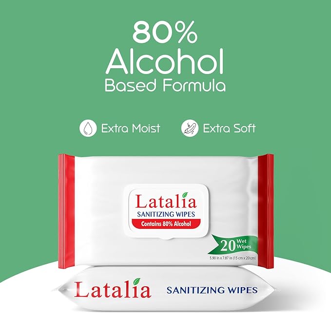 Latalia Hand Wipes | 80% Alcohol Hand Sanitizer Wipes for Hands & Face Moisturizing, Gentle, Convenient and Fragrance Free (20 Counts)