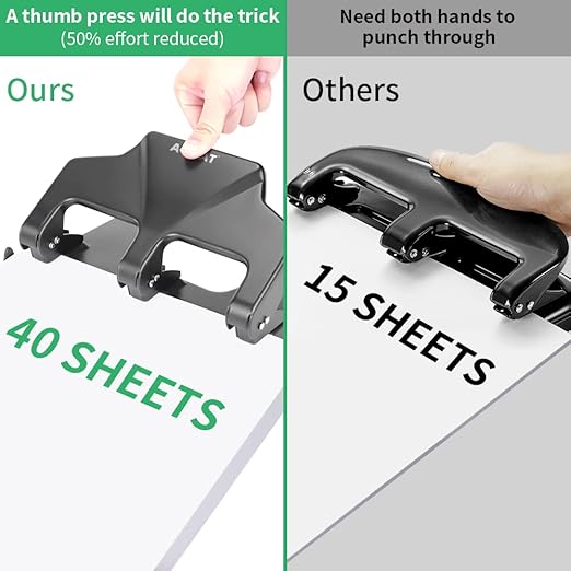 AFMAT HP16 Heavy Duty 3 Hole Punch, 40-Sheet Paper Punch, 50% Reduced Effort, Metal Hole Puncher 3 Ring, Three-Hole Paper Puncher w/Large Chip Tray for Classroom, Office, Silver
