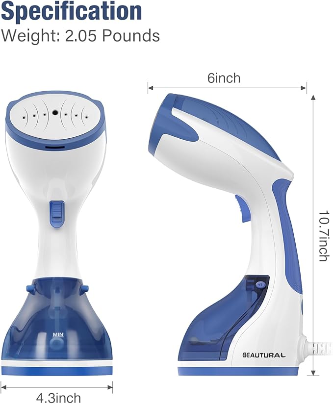 BEAUTURAL Steamer for Clothes, Portable Handheld Garment Fabric Wrinkles Remover, 30-Second Fast Heat-up, Auto-Off, Large Detachable Water Tank