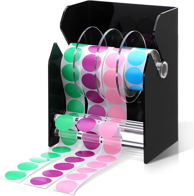 Geosar Adjustable Label Dispenser 4 Disks Sticker Roll Holder Sticker Dispenser Black Label Roll Holder Acrylic Sticker Holder Organizer Desk Tape Dispenser Label Stand for Office Home Desktop