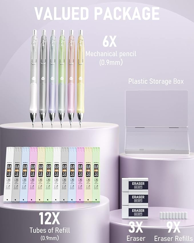 Nicpro 6PCS Pastel Mechanical Pencil Set 0.9 mm, Cute Mechanical Pencils 0.9 with Comfort Grip with 12 Tube HB Lead Refill, 3 Eraser, 9 Eraser Refill for Student Writing, Drawing, Sketching- with Case