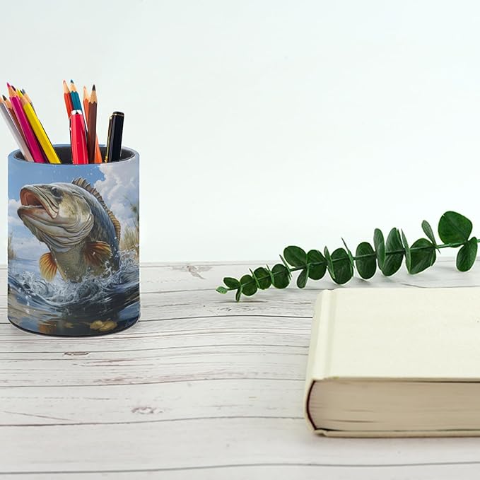 Bass Fish Pen Holder Pencil Organizer Cute Pencil Cup Desk Decor Makeup Brush Holder PU Multifunctional Office Suppliesfor Home Classroom School