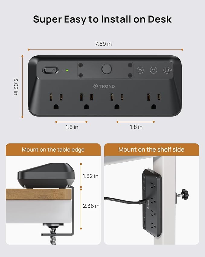 TROND LED Desk Lamp with Clamp Power Strip - Eye Caring Desk Light with 4 Surge Protector Outlet, 15 Lighting Mode, 6ft Flat Plug Extension Cord, Gooseneck for Home Office College Dorm Room Essentials