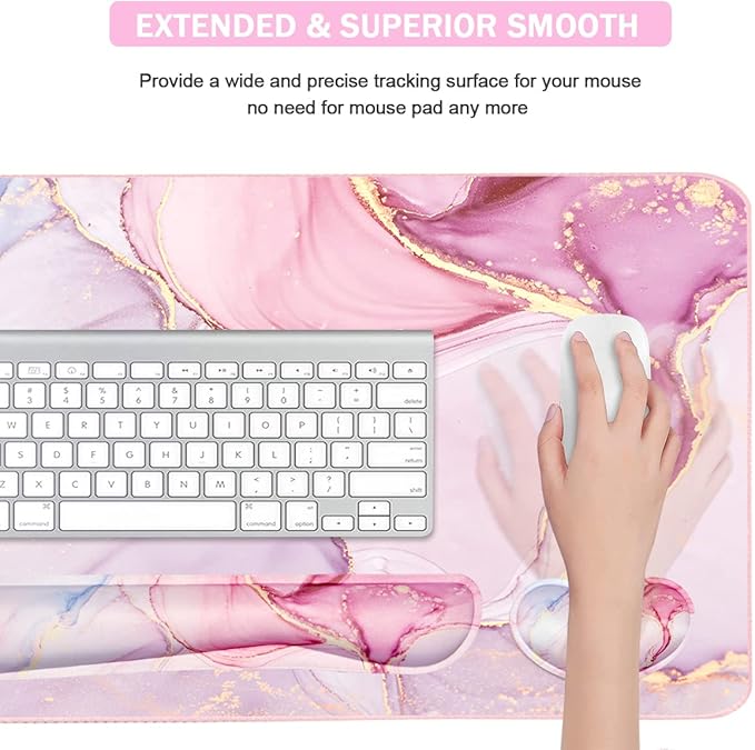 Keyboard Mouse Pad Set, Extended Mouse Pad+Keyboard Wrist Rest Support, Memory Foam Ergonomic Easy Typing, 3Pcs (35.4×15.7 in) Desk Pad Set for Home Office Study Game- Pink Marble