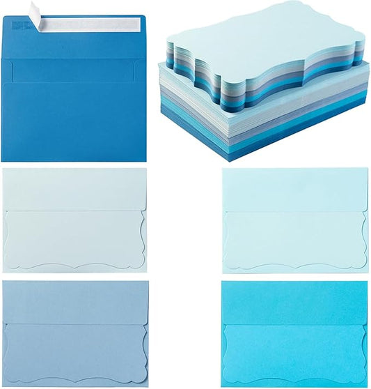 100 Pack Blue A7 Envelopes with Blank 5 x 7 Cards Self-Adhesive Business Envelopes Invitations Cards Envelopes (5 Colors Blue, A7)