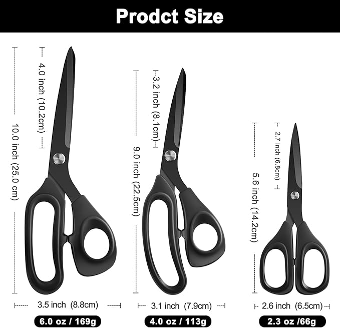 Premium Proseries Sewing Fabric Scissors Bundle (10"/9"/6"), Black Office Scissors All Purpose, Sharp Titanium Coated Blade, Comfort Grip Soft Handles for Diy Craft, Paper, Art, School, Home