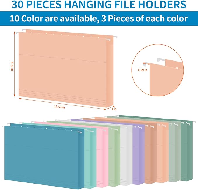 30 Pack Hanging File Folders, Letter Size with 1/5-Cut Adjustable Tabs, Pastel 10 Selected Color - File Folder Organizer for Filing Cabinet Office Home, Designed for Bulky Files, Medical Charts