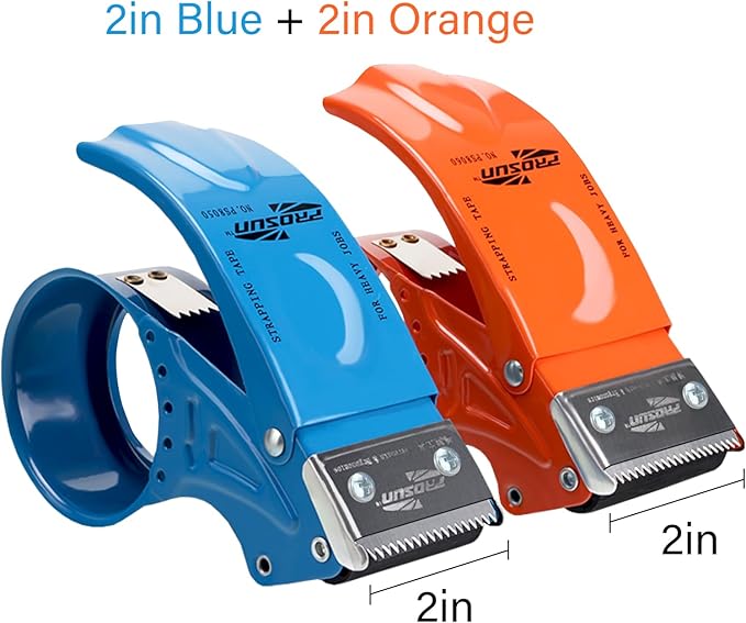 PROSUN 2 Pack Metal Packing Tape Dispenser Gun:2-inch Wide Tape Dispenser / 3-Inch Inner Paper Core(2" Blue + 2" Orange)