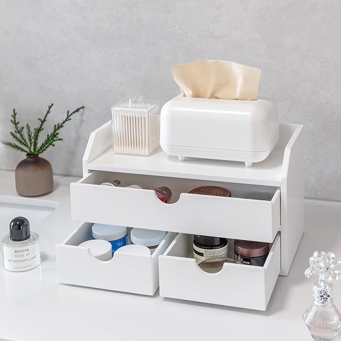 ROSE BLOOM White Wood Desk Organizer with 3 Drawer, Mini Cute Cabinet with Storage Shelf for Tabletop, Small Desktop Box Organizer for Cosmetic Office Supplies
