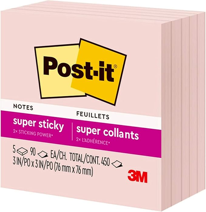 Post-it Super Sticky Notes, 5 Sticky Note Pads, 3 x 3 in., School Supplies, Office Products, Sticky Notes for Vertical Surfaces, Monitors, Walls and Windows, Pink Salt