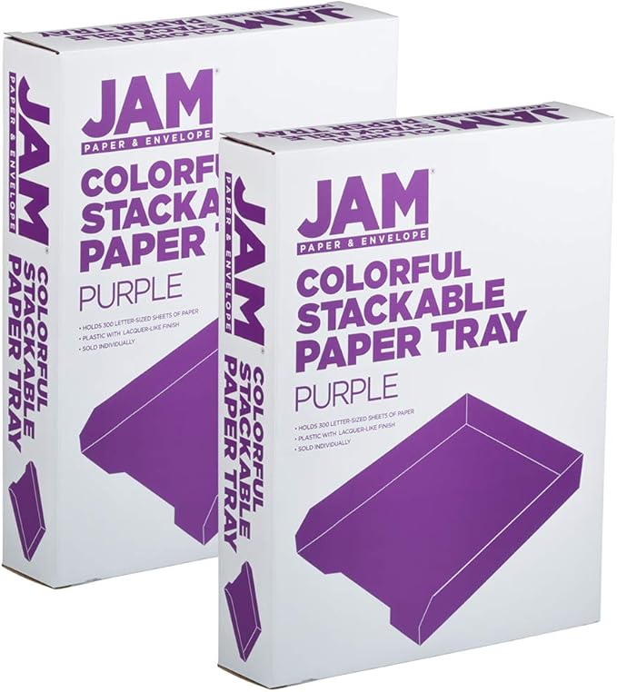 JAM PAPER Stackable Paper Trays - Purple - Desktop Document, Letter, & File Organizer Tray - 2/Pack