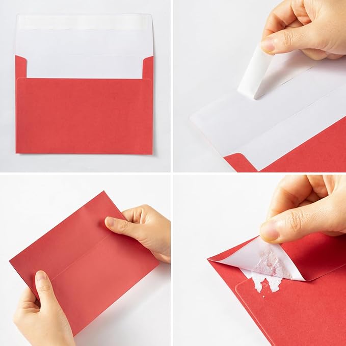 Wishop 50 Pack Shiny Self-Adhesive Envelopes with Shiny Fold Cards for Wedding Invitations, Greeting Cards, Baby Shower, Letter Mailing (Red, 5x7)