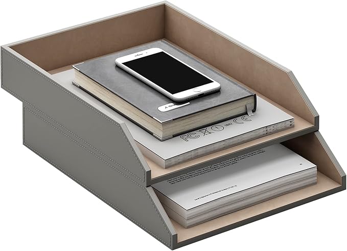 Leather Letter Tray, Thipoten Stackable Desk Organizer Holder for Office Supplies, Paper, File, Magazine, Perfect Office Organization for Desktop (Grey)