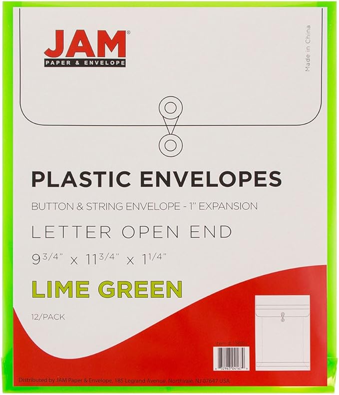 JAM PAPER Plastic Envelopes with Button & String Tie Closure - Letter Open End - 9 3/4 x 11 3/4 - Lime Green - 12/Pack
