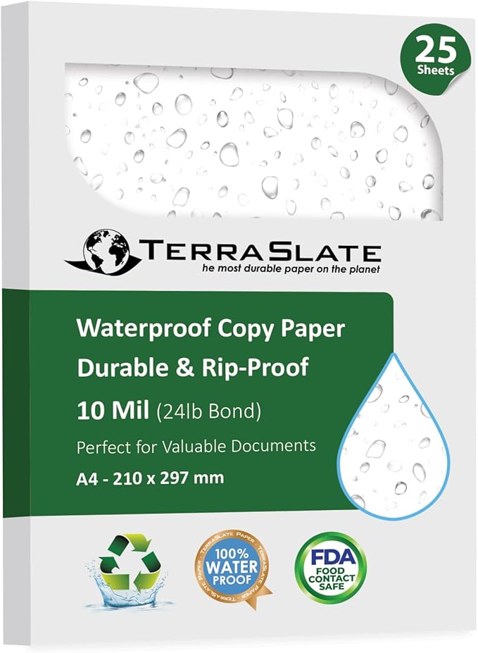 TerraSlate Weatherproof & Tear-Resistant Printer Paper, 10 MIL, A4 210 x 297 mm, White Paper, (25 Sheets)