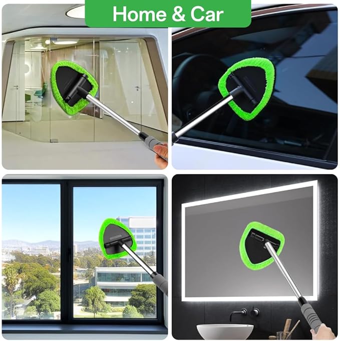 IIUIKOO Windshield Cleaner Tool with Extendable Handle, Car Window Cleaning Kit for Inside & Outside Glass, Includes Microfiber Pads, Brush & Bottle (7 Pcs, Green)