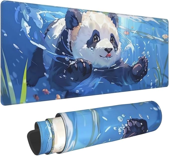 Cute Big Panda Gaming Mouse Mat Extended Large XL Mouse Pad Desk Mat Non-Slip Rubber Mice Pads Stitched Edges for Office and Home,31.5 X 11.8 X 0.12 Inches