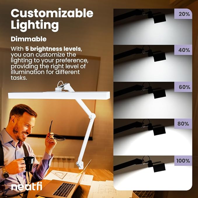Neatfi 3,000 Lumens Ultra LED Desk Lamp with Clamp, 30W Dimmable Monitor Light, 5 Brightness Levels & 5 Light Modes (White, 28 Inches with Metal Arm)