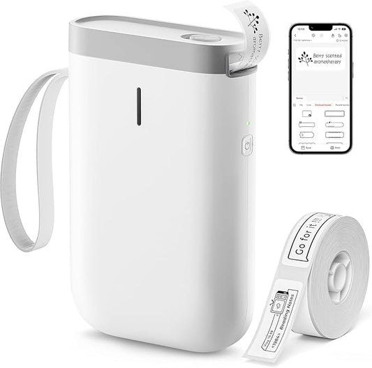 DEEPIN Label Maker Machine Portable Bluetooth Label Maker with Tape, Thermal Label Printer Multiple Templates for Phone, Mini Label Sticker Printer for Business Office Organization (White)
