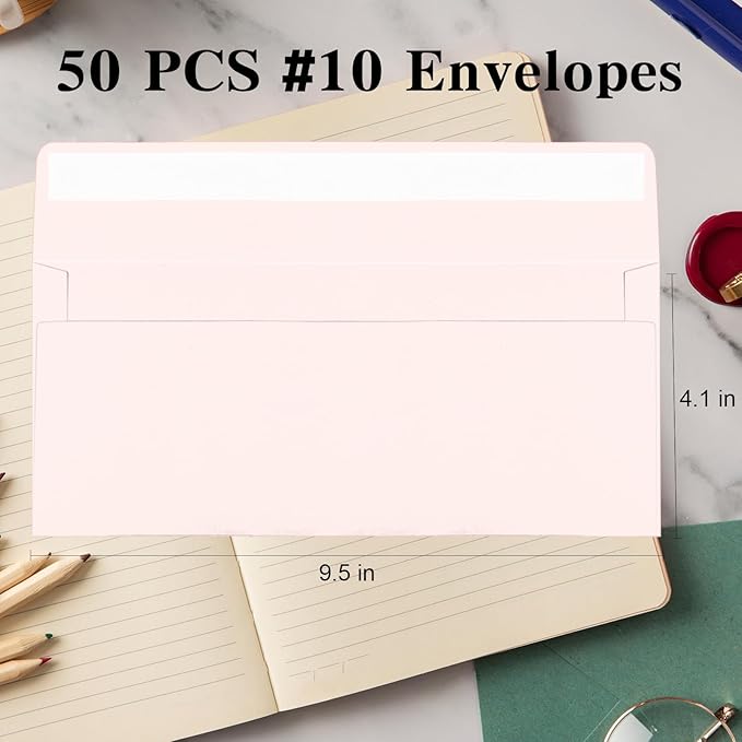 50 Pack Blush Pink #10 Business Envelopes, Standard Envelopes Self Seal, 4 1/8 x 9 1/2 Inch Letter Size Business Mailing Envelopes for Checks Invoices Statements Baby Shower Wedding Birthday