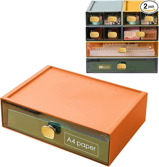 Large Desk Drawer Organizer 13"x9"x3.3" Stackable Desktop Storage Organizer for Copy Paper Clear Home Office Organizer Box Drawer Container for Stationery, Bathroom (Orange, L-1 Drawer)